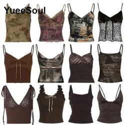 Brown Crop Tops Printed Transparent Slim Tank Tops 2025 Summer New Y2K Vintage Sweet Cute Fairycore Casual 2000s Women Camis