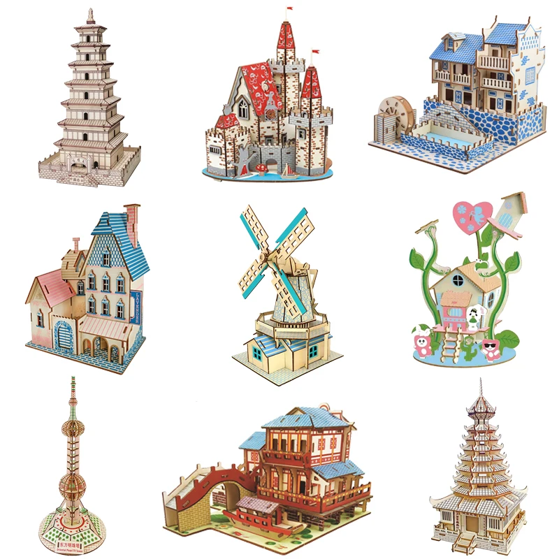 Laser Cutting DIY Houses Tower Building 3D Wooden Puzzle Toy Assembly Model Kits Desk Decoration For Children's Gift