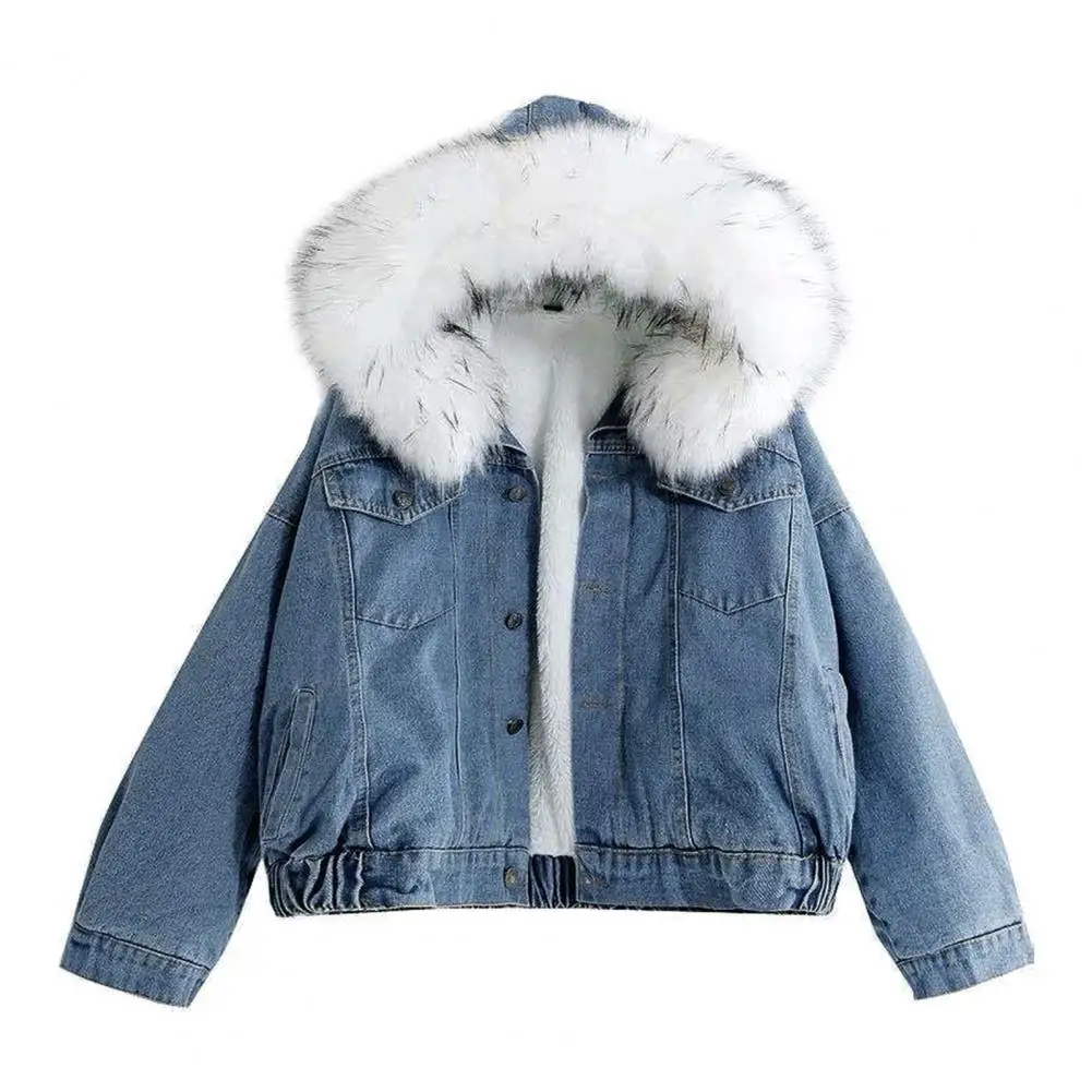 Warm Winter Jacket Women Denim Jacket Plush Winter Women's Jacket with Furry Hood Button Closure Flap Pockets for Warmth