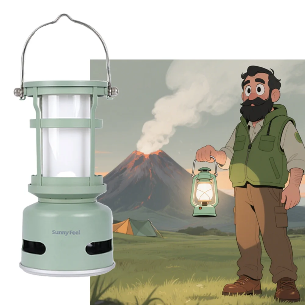 Outdoor multifunctional camping light. Dimmable ambient tent light, wireless bluetooth speaker audio all in one lighting device