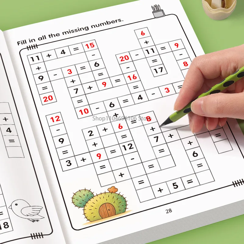 32 Pages Crossword Puzzle Math Workbook for Ages 3-8: Addition & Subtraction Practice with Fun Animal and Bee Illustrations