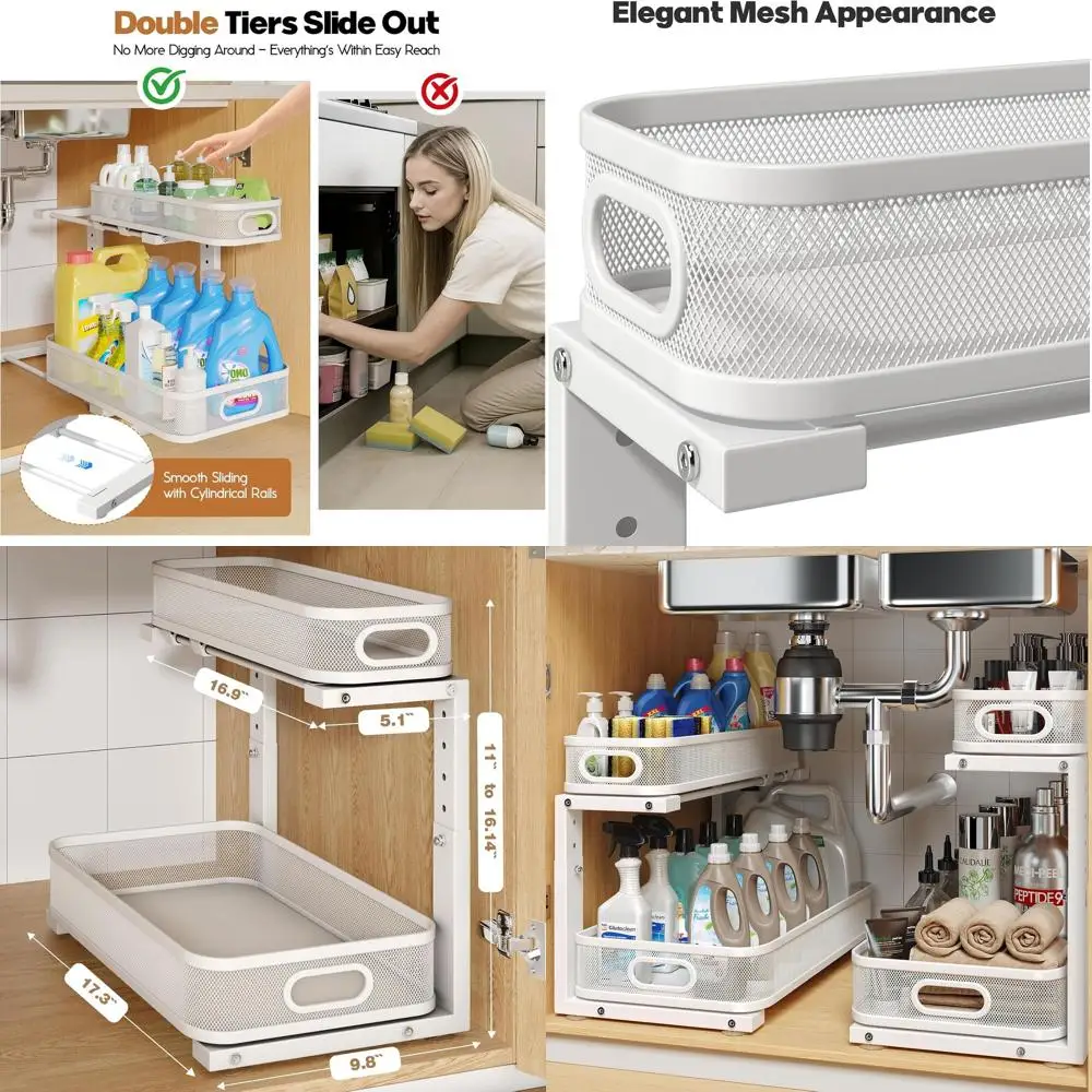 

Белый двухуровневый органайзер для раковины с регулируемой высотой и устойчивым к ржавчине покрытием для хранения на кухне и в ванной комнате.