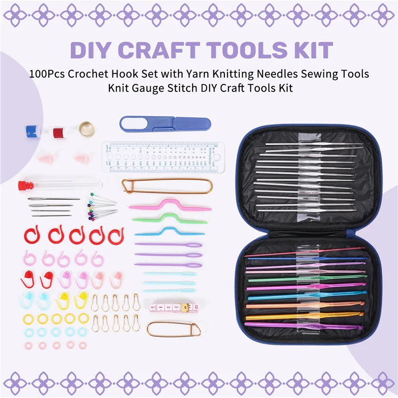 A59E-100Pcs خطاف كروشيه مع مجموعة أدوات قياس الغزل المتماسكة #5