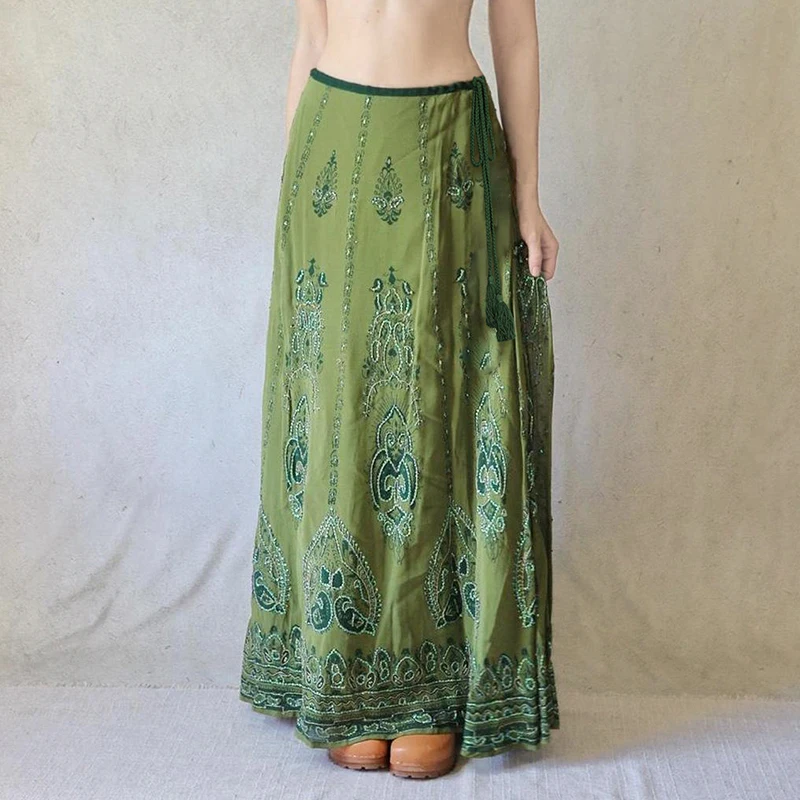 

CIBBAR Retrp Print Knitted Long Skirts Chic Lace-up Low Rise Loose A-line Vintage 2000s Skirts for Women y2k Aesthetic Clothing