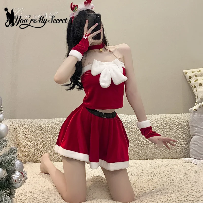 [You're My Secret]Christmas Skirt Suit Women Xmas Party Dress Up Sexy Carnival Set Red Santa Claus Cosplay Costume Adult Clothes