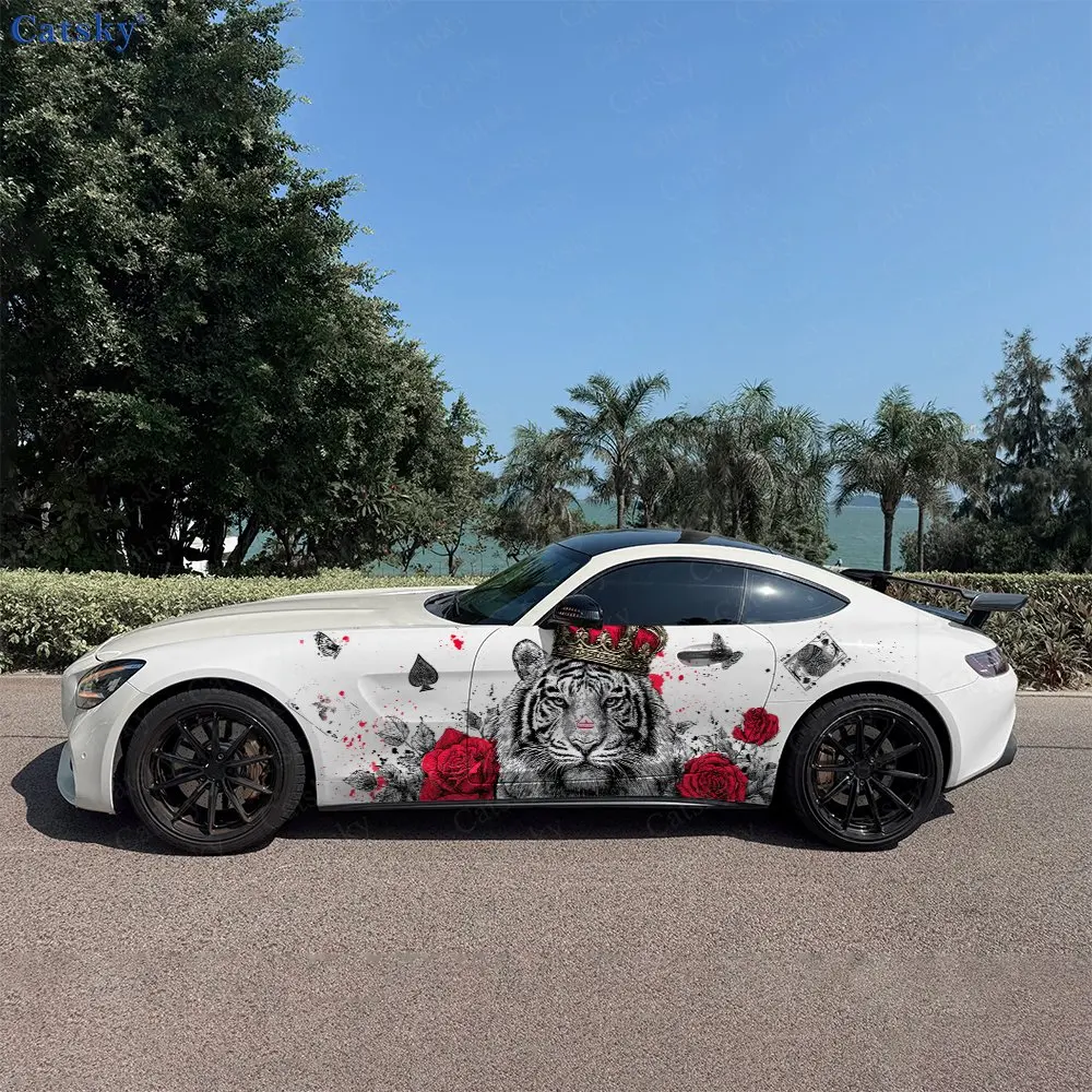 2pcs-poker-tiger-shadow-rose-vibe-durable-fade-resistant-enhance-vehicle-aesthetics-with-bold-artistic-design-car-vinyl-wraps