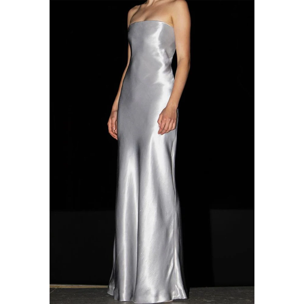 Silver Satin Strapless Mermaid Maxi Dress Simple Elegant Evening Wedding Guest Formal Party Gown