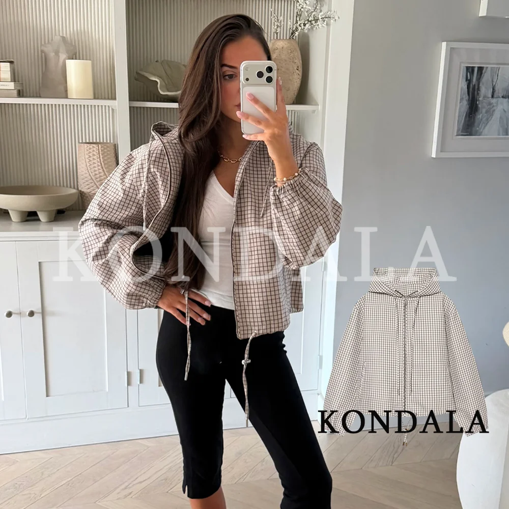 KONDALA Women Casual Plaid Hooded Zip-up Jacket Street Classic Elegant Jacket 2026 Early Fall Trendy Commute Chic Lady Jackets