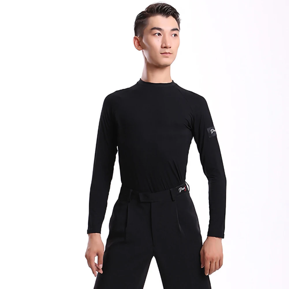 

Latin Dance Men's Black Jazz Dance Costume Top Long Sleeve Round Neck Men's Practice Performance Steel Tube Dance Shirt