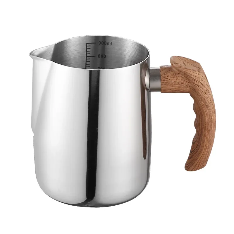 304 Stainless Steel Latte Art Pitcher Milk Frothing Pitcher Wood Grain Handle Sharp Spout Graduated Measuring Cup
