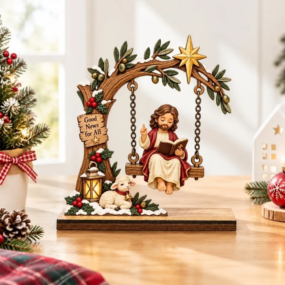 Vintage Wooden Jesus Swing Ornament Religious Catholic Angel Swing Sculpture Cradle Swing Inspirational Figure Swing Craft