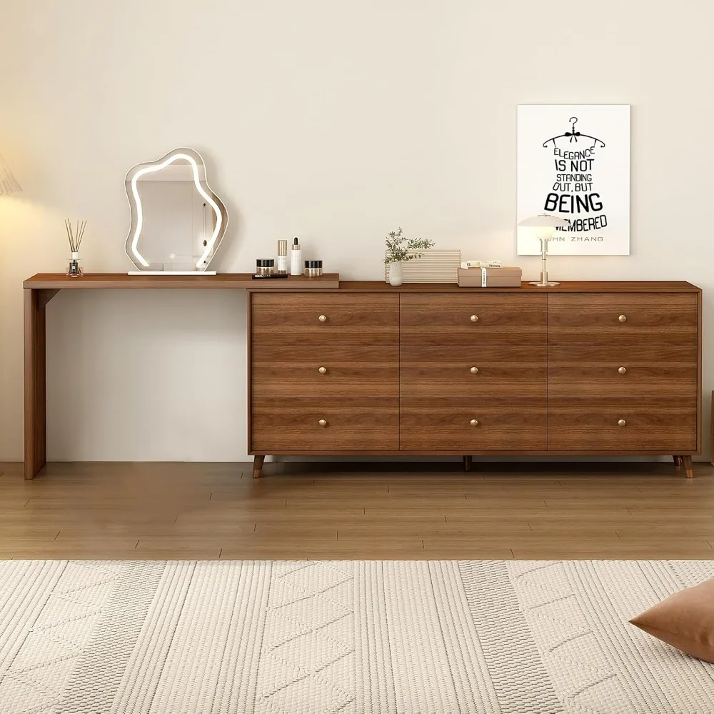 

Makeup Vanities, 9-Drawer Solid Wood Frame Storage Cabinet, Dressing Table for Bedroom,Makeup Vanity Desk HD Lighted Mirror