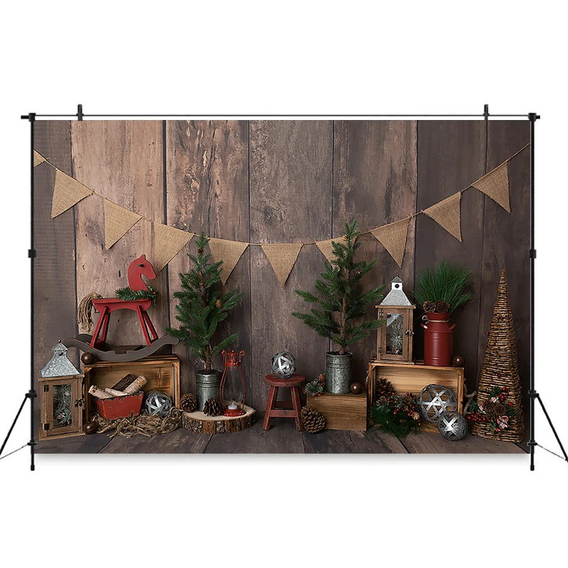 

Mocsicka Christmas Decoration Photography Background Vintage Gray Wooden Wall Horse Potted Tree Cloth Flag Photo Backdrop Props