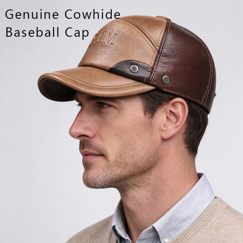 Men's Genuine Cowhide Earflap Baseball Cap Adjustable Embossed Letter Peaked Cap Warm Driving Cap for Dad Autumn Winter
