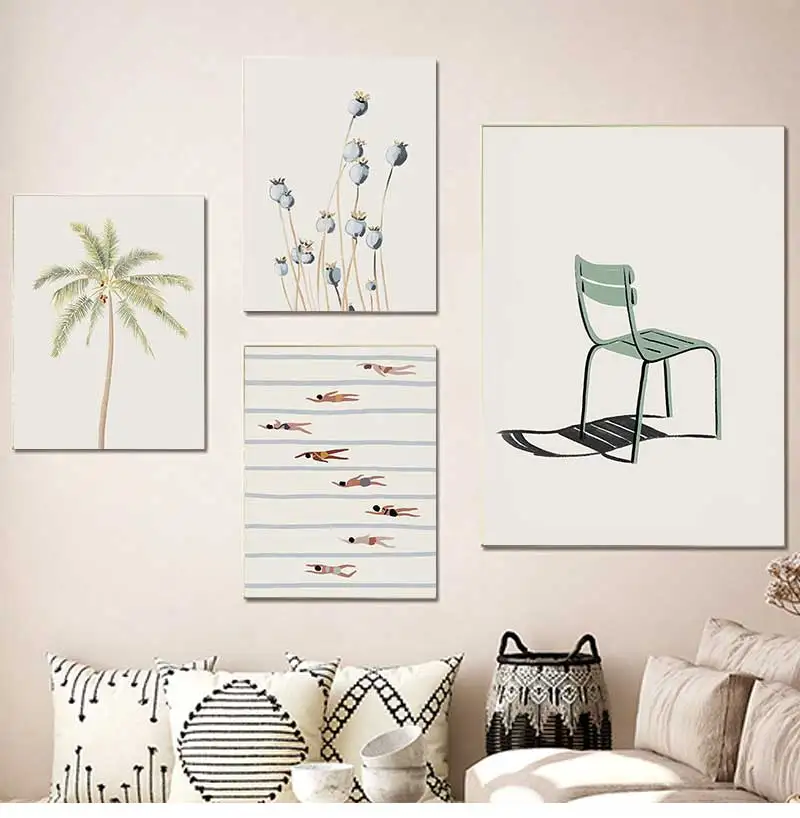 Minimalist Beach Ocean Floral Wall Art, Sailboat Canvas Painting, Pool Posters & Prints, Pictures for Living Room Decor