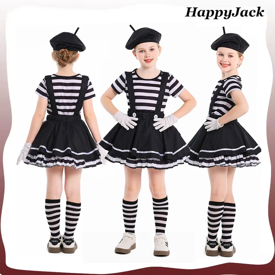 

Костюм клоуна для косплея Mime, детская юбка для выступлений на сцене для девочек, футболка, шляпа, перчатки, наряды, карнавальный костюм на Хэллоуин