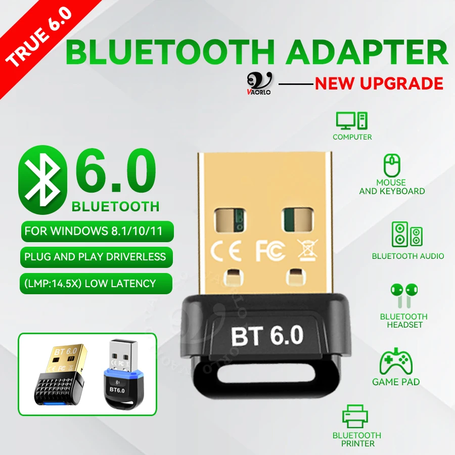 Bluetooth 6.0 (LMP:14.5X) transmitter, USB dongle, wireless adapter, compatible with Win8.1/10/11.for mouse keyboards headsets.