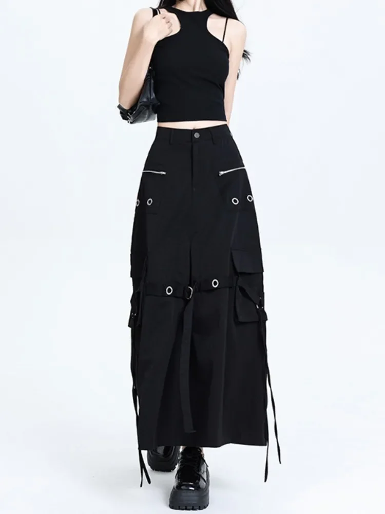 Women's Black Denim Cargo Skirt Y2k Elegant Streetwear A-Line Long Skirt Harajuku Korean Vintage 90s High Waist Skirts Clothes