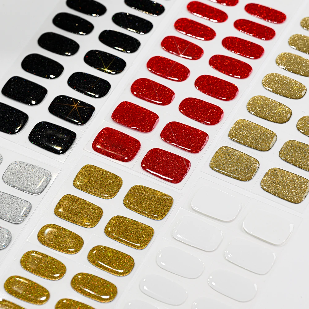 16Tips Christmas Red Glitter Gel Nail Sticker(+1pc Nail File) Semi-Cured UV/LED Nail Polish Wraps Full Cover Adhesive Nail Strip