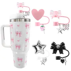 4Pcs Star Straw Covers For Stanley Cup Bow Silicone Straw Toppers Cute Heart Straw Cover Dust Proof Plugs Protector Straw Tips