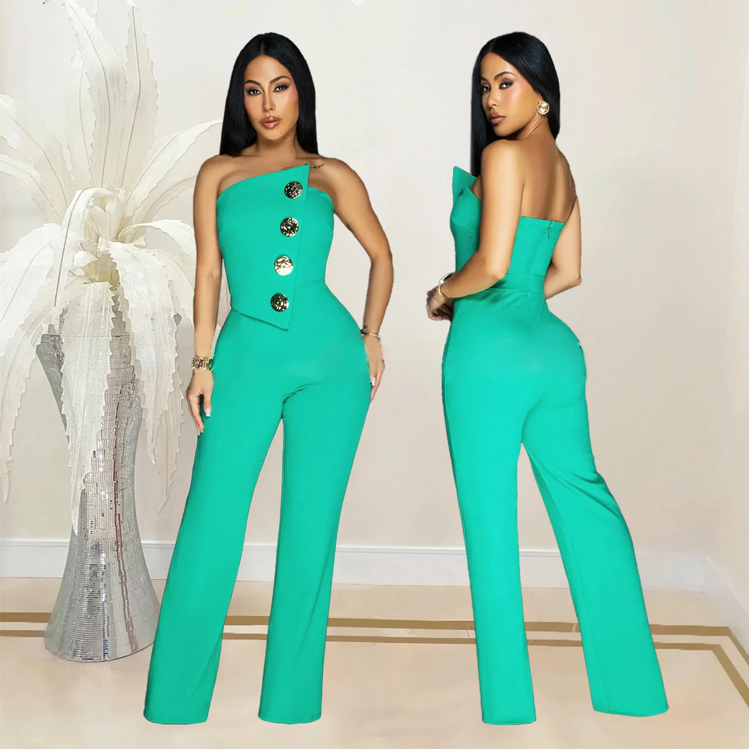 Summer Kaftan Jumpsuit Women's Sleeveless Button-Up Pant Polyester Off Shoulder Swimwear Cover Up Beach Outing 2024 Outfits Set