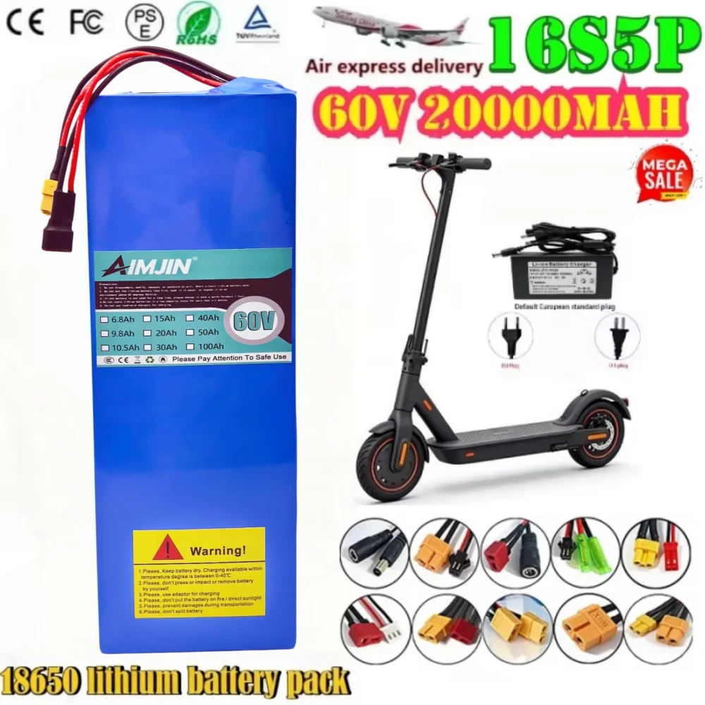 16S5P 60V battery 20AH high power lithium battery pack 20000mah suitable for 1000W 1200W 1500W 2000W motor with BMS + charger