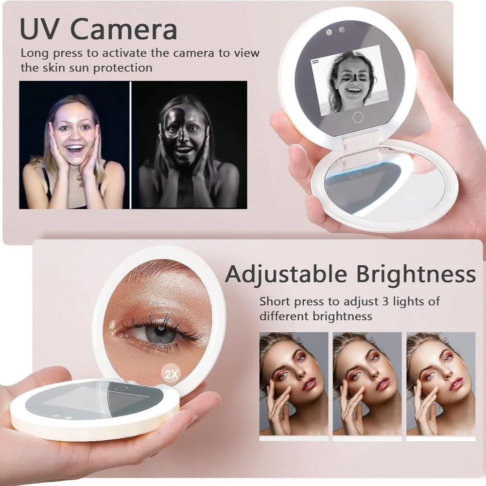 Smart UV Camera Makeup Mirror Portable Folding LED Compact Pocket Travel Mirror with 3 Light Modes for Sunscreen Detection