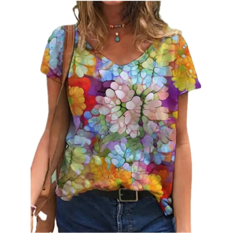 Summer Flower Print Women V-Neck T-Shirts Casual Pullover Loose Short Sleeves Oversized Tee Shirt Female Fashion Clothing 2024