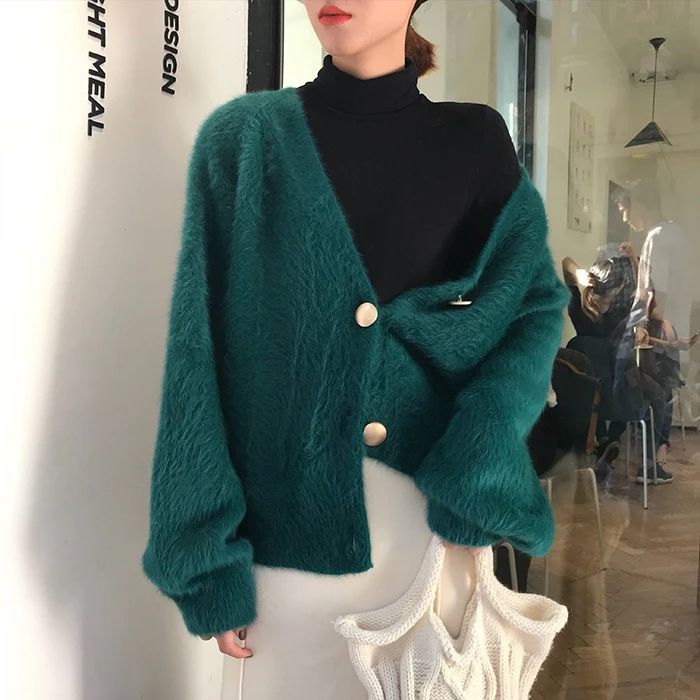 Women's Elegant Long Sleeve Mohair Sweater, Single-Breasted Female Short Cardigan, Soft Cashmere, Flexible Knitted Outwear, New