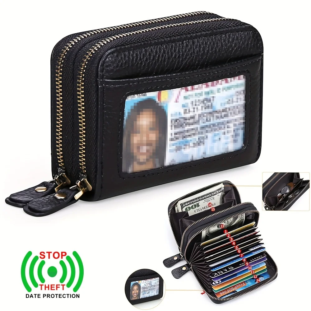 

Men Women Double Layer Zipper Cowhide Magnetic Proof Wallet Rfid Blocking Certificate Id Cards Bag Accordion Card Coin Purse