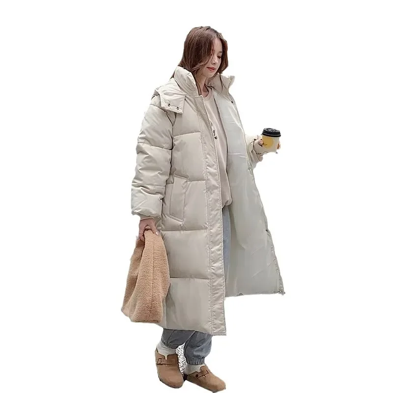 Long Thick Down Cotton-padded Jacket Girls Loose Fashion Solid Color Hooded Students Slim Long Coat