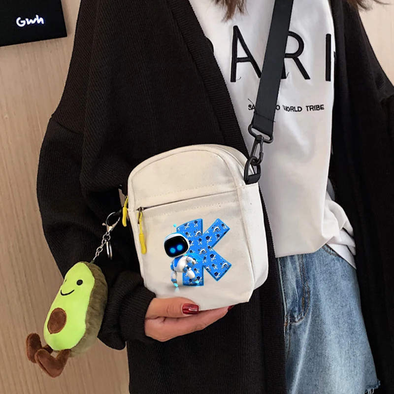 Astro Bot Women's Shoulder Bags Canvas Anime Cartoon Printed Crossbody Bags Square Multi Pocket Zipper Kids Messenger Sling Bag