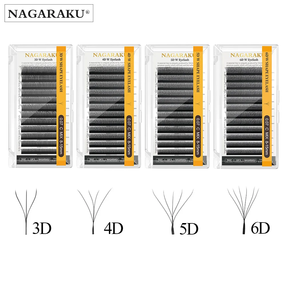 NAGARAKU 자동 꽃 W 모양 꽃 3D 4D 5D 6D 미리 만들어진 팬 속눈썹 연장 자연 부드러운 빛 전체 밀도