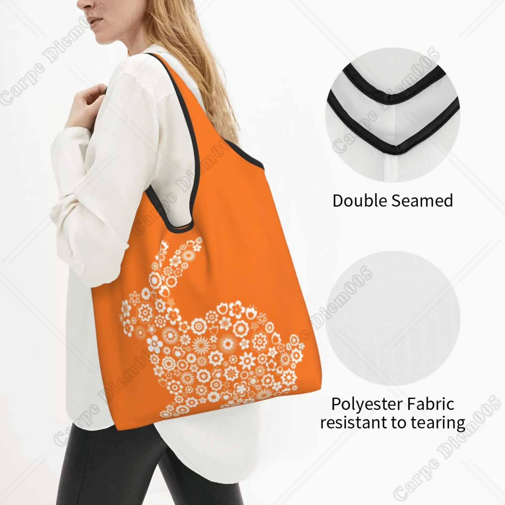 Easter Bunny Floral Orange Folding Shopping Bag Portable Tote Bag Recyclable Grocery Bags for Men Women Outdoor Shopper