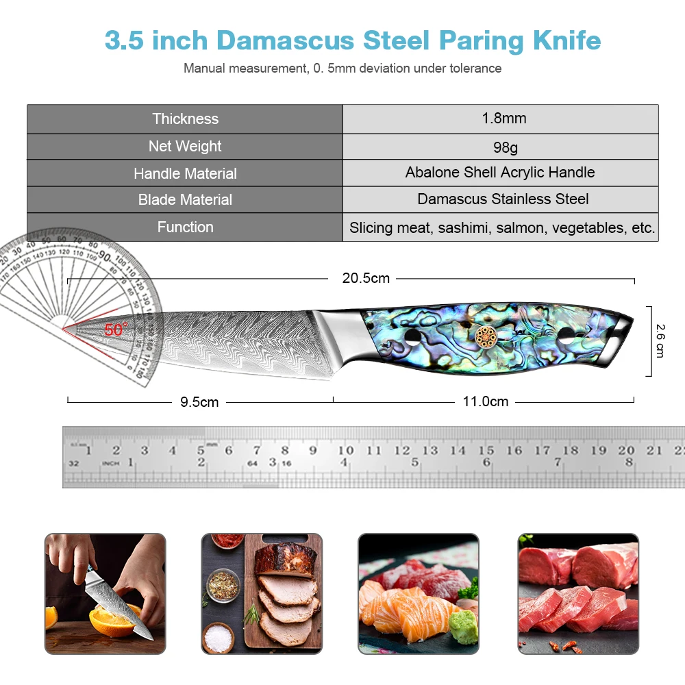 XITUO Damascus Paring Knife, 3.5 Inch Japanese Fruit Knife, Small Kitchen Knives for Precision Cutting, Full Tang Peeling Knives