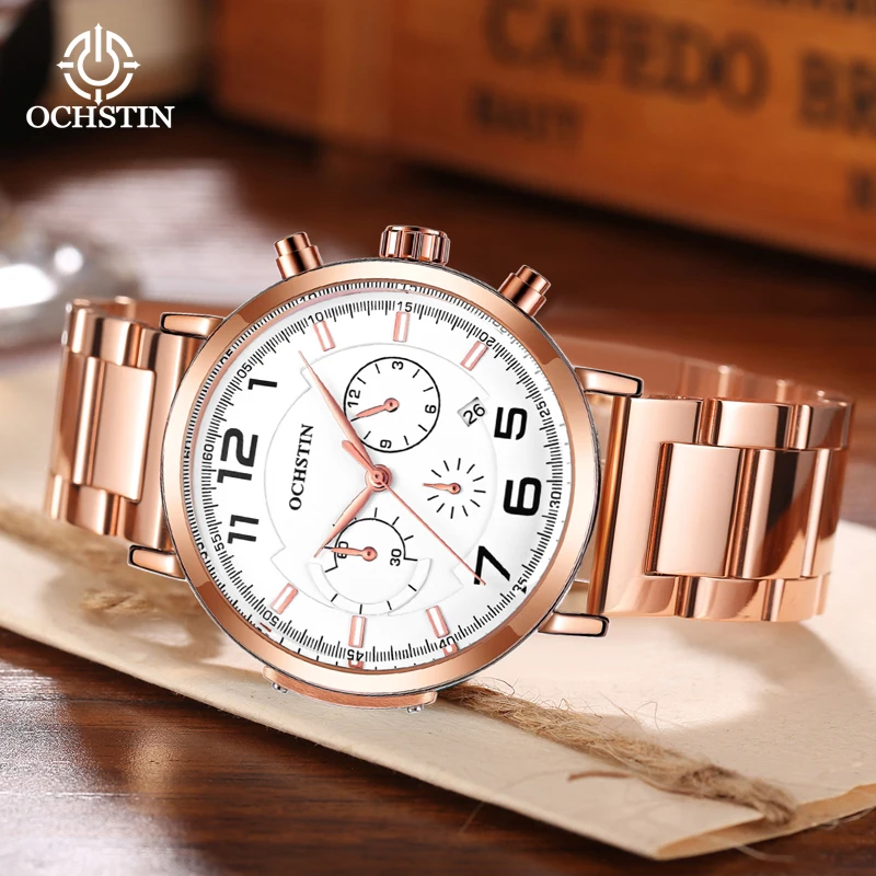 OCHSTIN Commander Series Men Outdoor Tactical Multifunctional Quartz Wristwatch Solid Steel Strap Waterproof Daily Watch