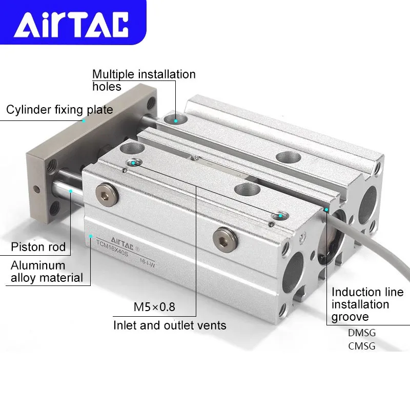 AIRTAC TCM12/16/20/25/32/40/50/63/80 Three Axes Three Rods Guided Air Cylinder 10-200mm Stroke With Magnet Pneumatic Cylinders