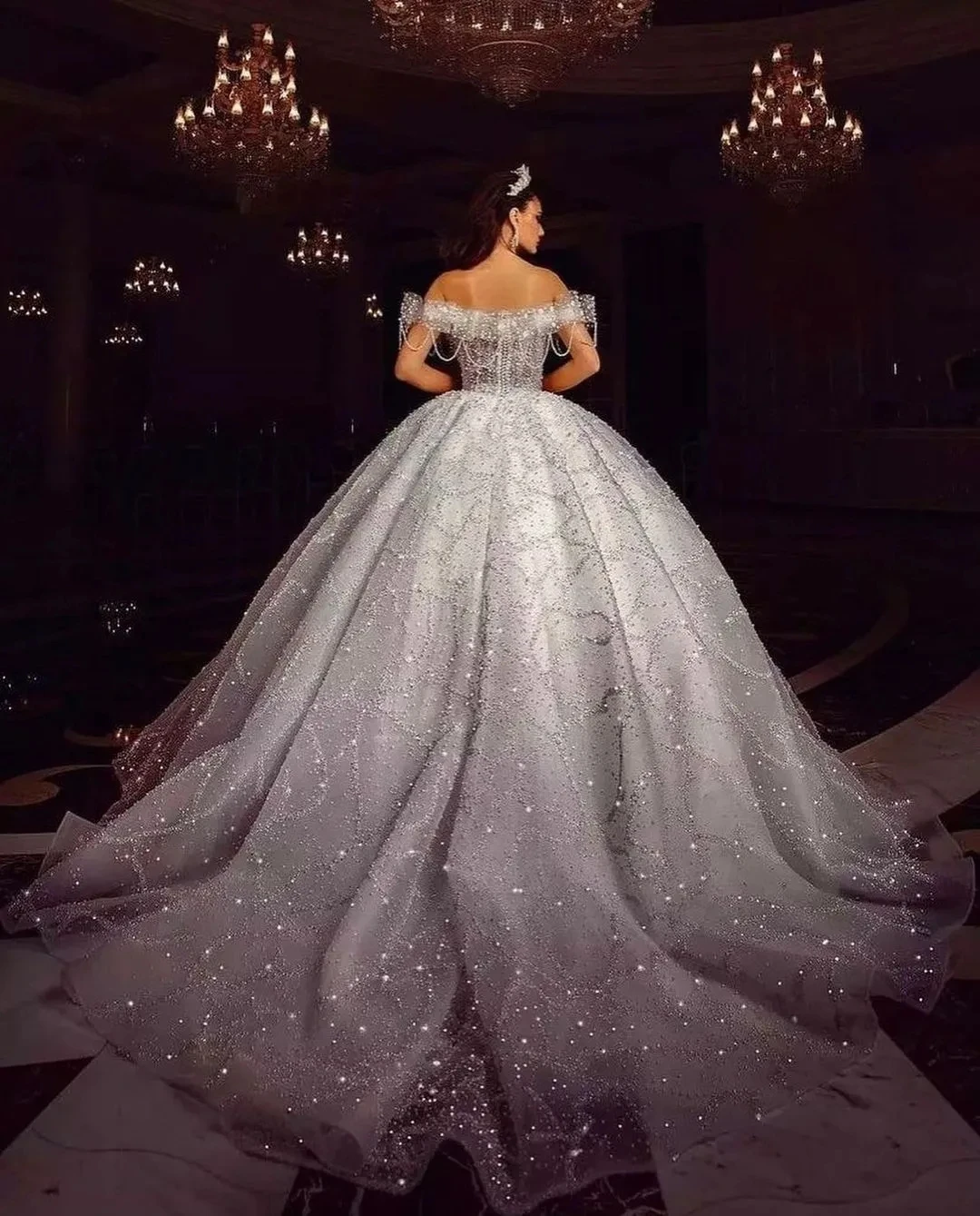 Charming Pearls Crystal Sequins Wedding Dresses Off Shoulder Princess Bridal Ball Gowns Custom Made Vestidos De Novia