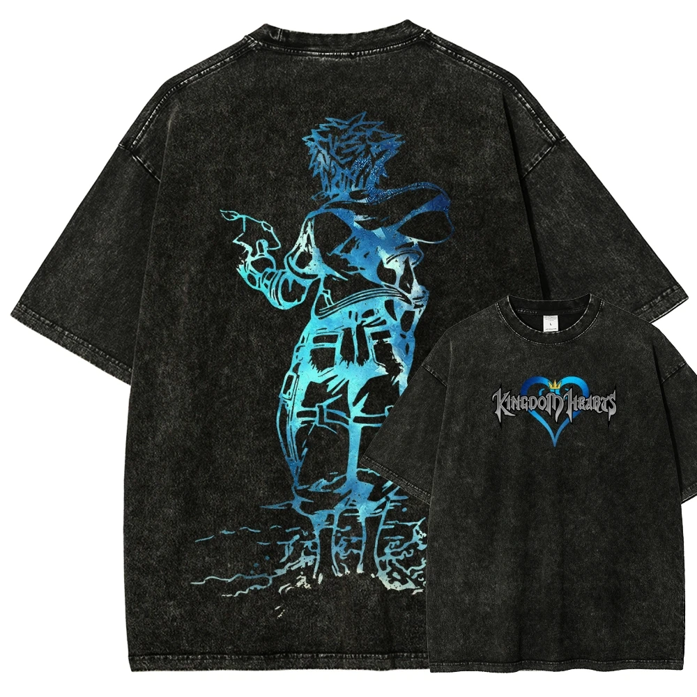 Camiseta Kingdom Hearts con efecto lavado, estilo personalizado, nuevo modelo, camiseta de anime, talla grande, unisex, cómoda, estilo retro, para parejas, suave