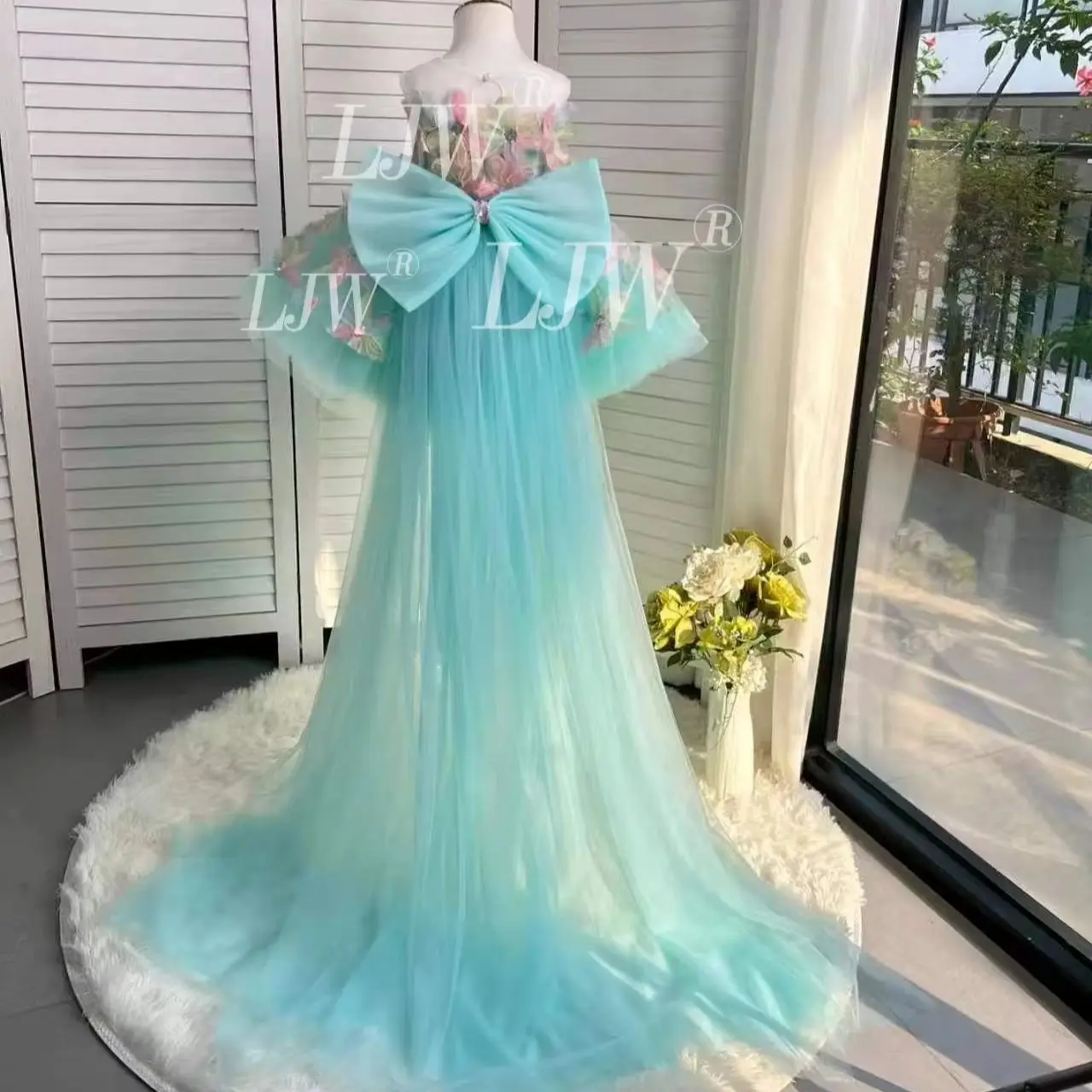 Elegant Mint Green 3D Floral  Long Tail Flower Girl Dress Baby 1st  Birthday Party Wedding Pageant Outfit Host's Piano Performan - view 3