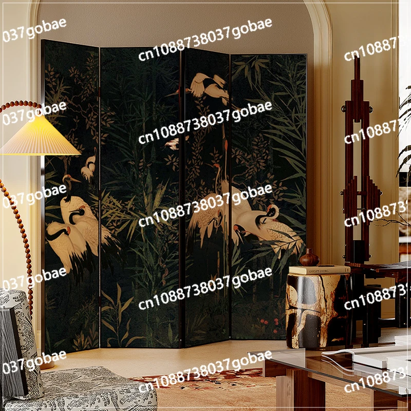 Chinese style elegant black crane screen folding mobile room partition board home living room