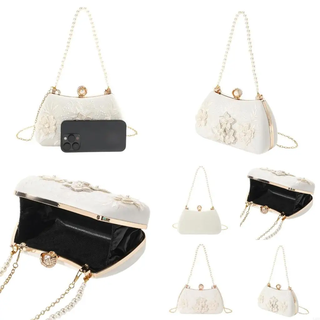 

Luxurious White Floral Lace Clutch With Pearls And Detachable Chain Shoulder Bag For Bridal And Party Wear