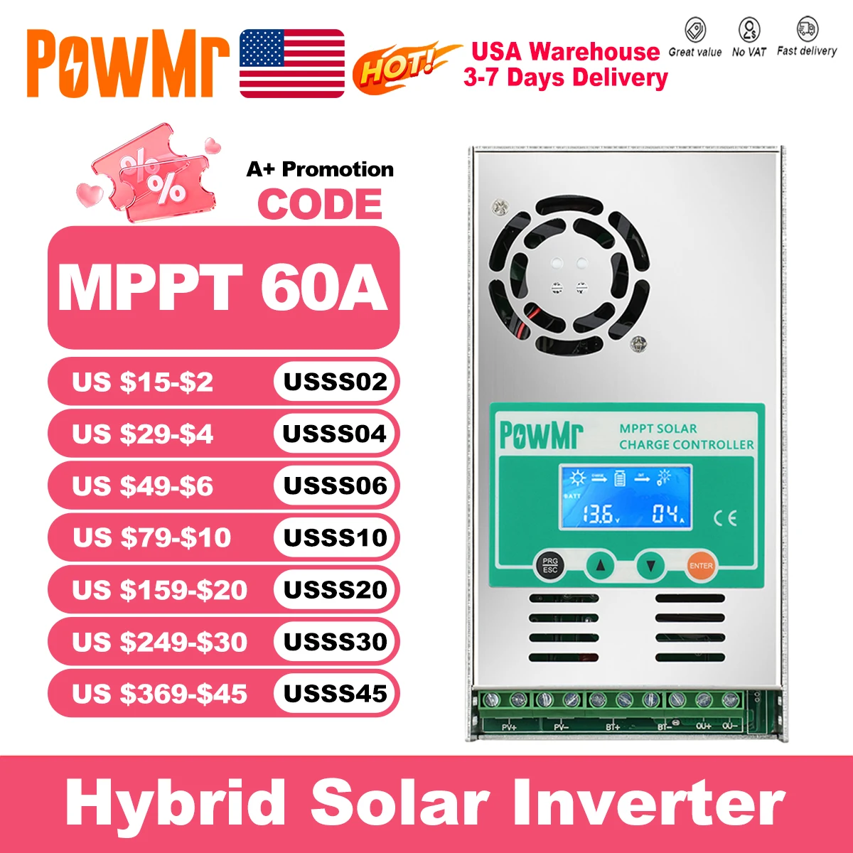 PowMr MPPT 60A Solar Charge Controller Discharge Backlight 12V 24V 36V 48V Auto for Vented Sealed Gel Nicd Li Solar Cells Panel