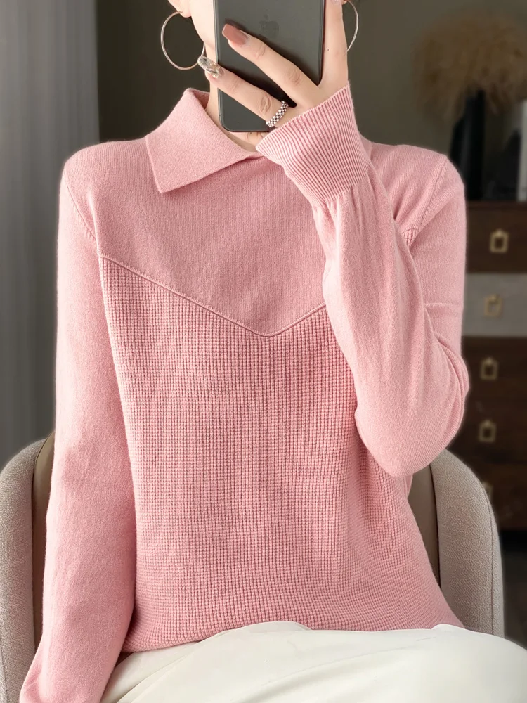 

Fine Wool Sweater for Women Doll Collar Small Grid Pullover Autumn Winter Long Sleeve Knitwear Thickening Clothing Basic Top