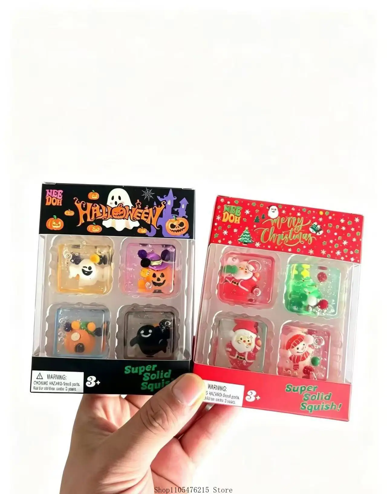 NeeDoh Halloween 4er-Pack Quetschspielzeug Transparenter Würfel Geist Kürbis Fledermaus Hexe Quetsch-Fidget-Spielzeug zur Stresslinderung