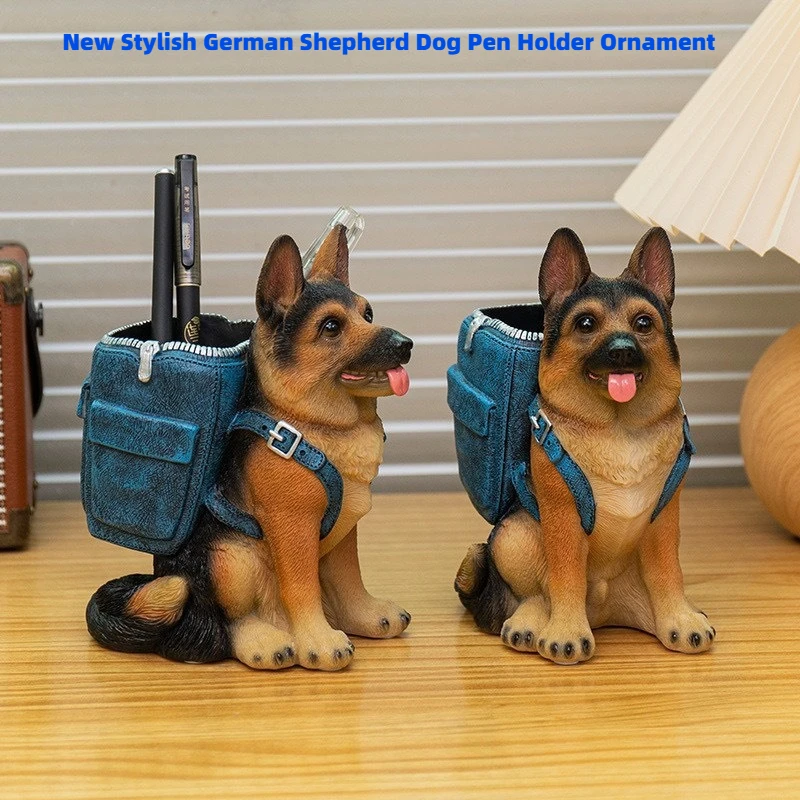 

New German Shepherd Dog Pen Holder Resin Craft Office Desktop Stationery Storage Box Creative Sculpture Ornament
