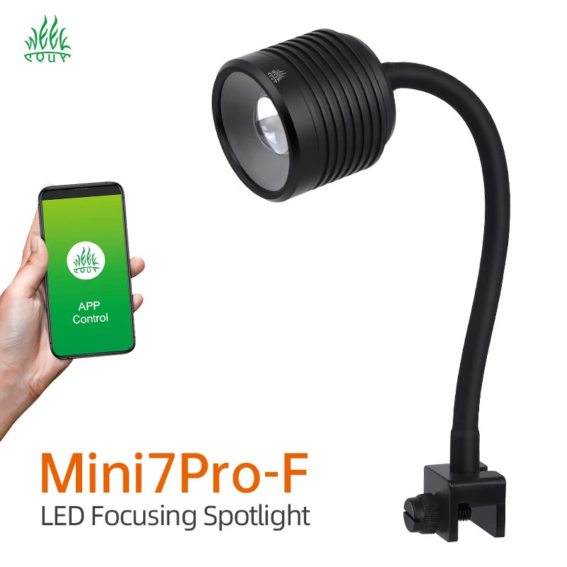 Week Aqua Mini7Pro-F IP68 Submersible LED Aquarium Spotlight, 5–60° Adjustable Beam, App Control for South American Native Tanks