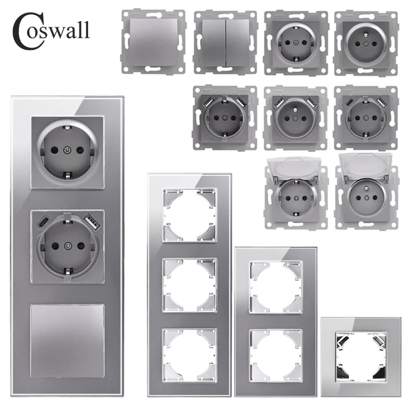 COSWALL Glass Vertical Panel Grey Wall Rocker Switch EU Standard Socket USB Type-A & C Charger Internet Satellite TV Module DIY