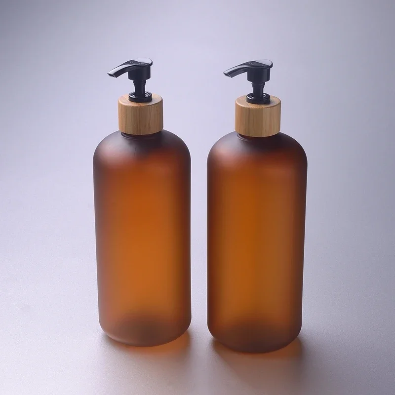 

Cosmetic frosted amber/clear plastic shampoo bottle with bamboo lotion pump cap skin care cream/Shower Gel/Body lotion container