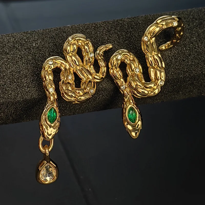 

14K Gold Filled Vintage AB Style Emerald Serpent Ear Climber Cuff Earrings Chunky Circle Ring Snake Boa Huges Ear Hoops Jewelry